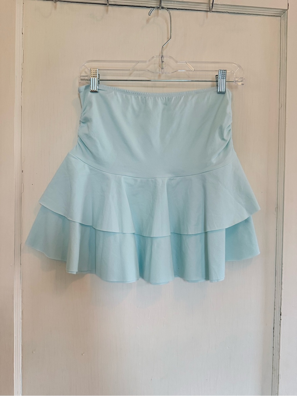 Light Blue Strapless Tiered Ruffle Women's Blouse